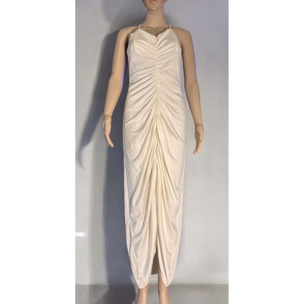 VTG 70s Woolite Maxi Dress White Pleated Asymmetrical Dress Cottagecore Marylin